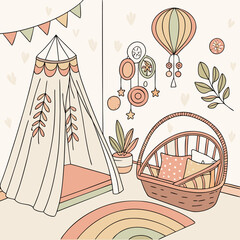 Boho baby nursery interior with teepee tent and rattan basket interior playroom furniture illustration minimalist © Rayhan