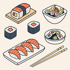 Japanese sushi set with salmon nigiri and maki rolls japanese chopsticks restaurant illustration collection © Rayhan