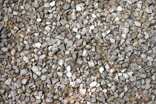 Coarse grey gravel stones texture. Overhead view of small pebble ground cover or aggregate.