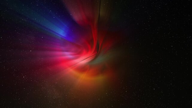 Abstract multicolor glow sphere with rays, science background. Bizzard planet structure in space, 4k