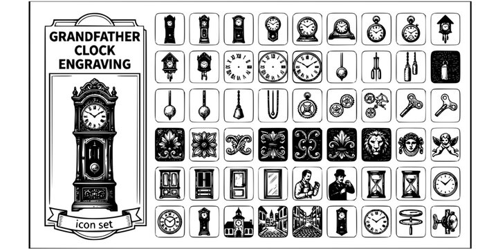 Grandfather Clock Engraving Black White-Pendulum Roman Numeral Carved-Antique Furniture Vector-Clock Icon Engraving-Furniture Design Set
