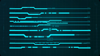 Dark futuristic data stream interface with glowing cyan circuit lanes, segmented system dividers, status labels, grid background, and HUD accents © Антон Сальников