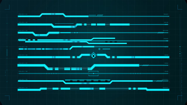 Dark futuristic data stream interface with glowing cyan circuit lanes, segmented system dividers, status labels, grid background, and HUD accents