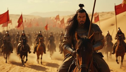 Naklejka premium Mongol army rides horses across desert dunes. Leader with long dark hair, armored soldiers carrying red flags march forward. Intense desert landscape, sand ripples, bright sunlit scene.