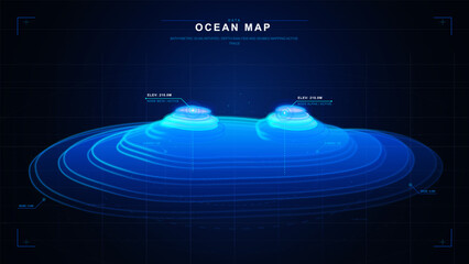 Obraz na płótnie Canvas Futuristic ocean map HUD with glowing blue bathymetric contour scan, two seabed peaks, elevation labels, grid background, and data markers.