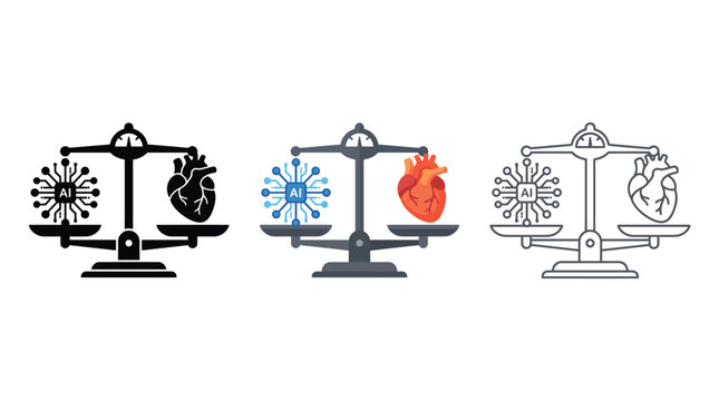 Artificial intelligence chip and human heart icon set balanced on a vintage style weighing scale