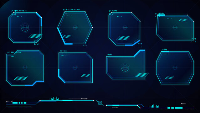 Dark futuristic HUD frame collection with glowing cyan interface panels, polygonal placeholders, targeting marks, data lines, and grid background