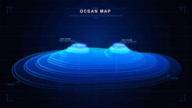 Futuristic ocean map HUD with glowing blue bathymetric contour scan, two seabed peaks, elevation labels, grid background, and data markers.