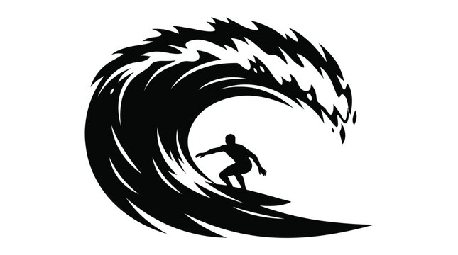 Silhouette of a skilled surfer riding a powerful ocean wave in this artistic black graphic image