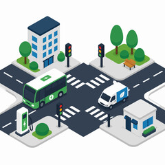 Naklejka premium Isometric illustration of a city intersection with electric vehicle infrastructure.