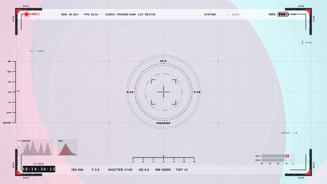 Futuristic video camera recording interface with central focus reticle, exposure meters, waveform graphs and red corner markers on a grid.
