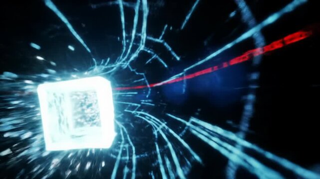 vibrant white-blue square entity rapidly traverses twisting digital tunnel of luminous data lines with motion blur, shedding particles, high-speed data flow concept