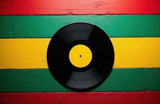 Black vinyl record on colorful wooden background with stripes of red, yellow, and green. This image evokes Jamaican culture and reggae music vibes.
