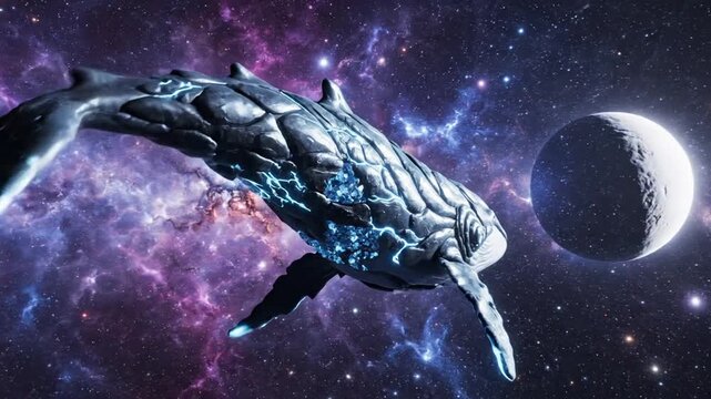 Cybernetic whale swimming through vibrant outer space nebula.