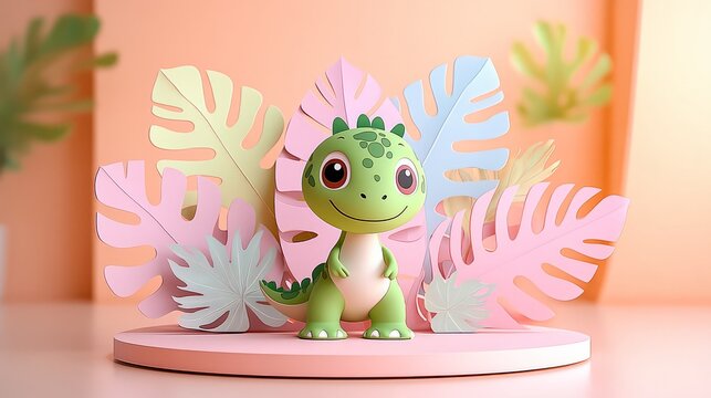 Smiling green dinosaur toy on pink platform with colorful leaves
