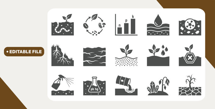 Soil health and contamination icons arranged in grid on white