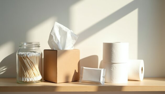Cotton swabs in jar with tissue box and toilet paper rolls on shelf. Hygiene products, clean bathroom essentials, personal care items organized neatly.