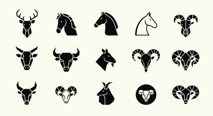 Fototapeta premium Set of Animal Head Icons: Deer, Horse, Bull, Ram, Goat - Vector Graphics