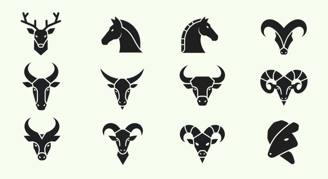 Set of Animal Head Icons: Deer, Horse, Bull, Ram, Buffalo, Goat, Antelope