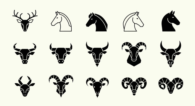 Set of Animal Head Icons: Deer, Horse, Bull, Ram, Antelope Silhouettes