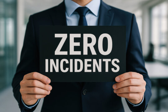 Confident business person presenting black placard with bold white text zero incidents in modern corporate setting showing safety milestone achievement concept for workplace