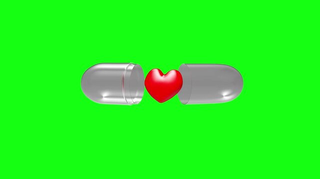 Transparent capsule opens to reveal a red heart floating between the halves on a green chroma key background, 3D animation