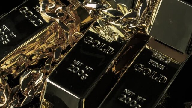 4K video of spinning gold bullion bars and a heavy gold chain in dramatic close up, symbolizing wealth preservation, precious metal investment, inflation hedge, safe haven assets and luxury finance