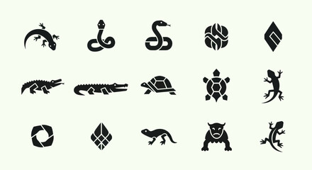 Obraz premium Reptile and Abstract Icons Set: Lizards, Snakes, Alligators, Turtles, Geometric Designs