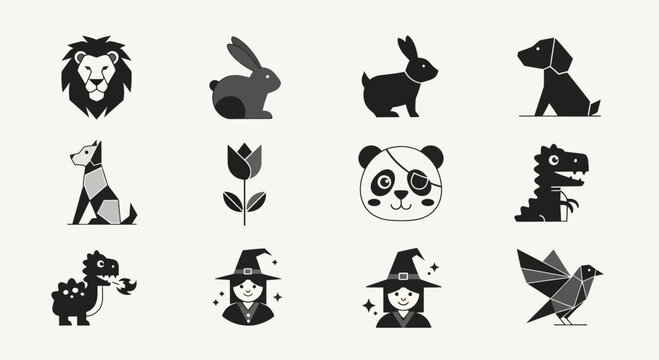 Pixel Art Icons: Animals, Fantasy Characters, and Geometric Shapes Collection