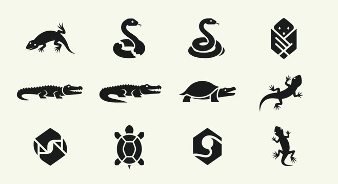 Reptile Icons: Lizard, Snake, Alligator, Turtle Silhouettes Set