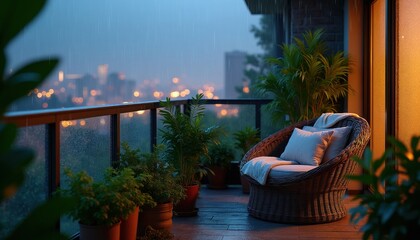 Fototapeta premium Wicker chair with pillows and blanket on balcony during rain. City lights glow in dusk. Potted plants surround furniture. Peaceful urban evening.