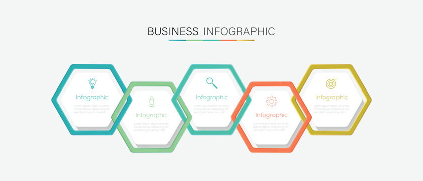 Business hexagon template with options for process diagram, workflow, timeline, web design. Professional business infographic with 5 interconnected hexagon.  