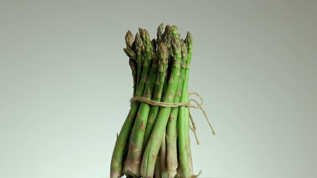 Organic bunch of green asparagus officinalis tied with string turning and spinning while showing healthy edible shoots on grey background