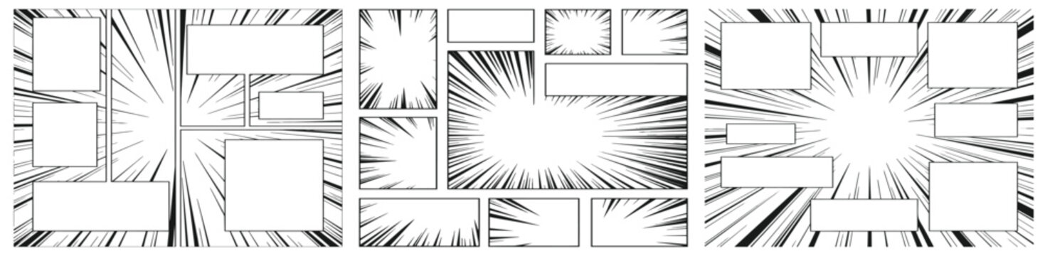 Comic Book Panel Frames and Speed Line Burst Set, Manga Action Layout Collection with Radial Motion Effects and Dynamic Pop Art Borders Isolated on Transparent Background