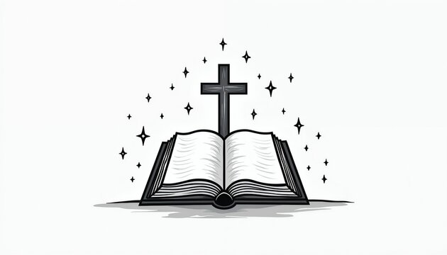 Open holy book with cross symbol and stars. Religious illustration of bible or scripture. Christian faith and worship graphic. Sacred text of divine wisdom.