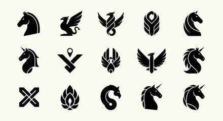 Obraz premium Mythical Creature Icons: Unicorns, Griffins, Phoenix, Eagle, Serpent - Vector Set