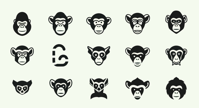 Monkey Icons Set: Gorilla, Chimpanzee, Orangutan, Lemur, Baboon Faces - Pixel Art Style