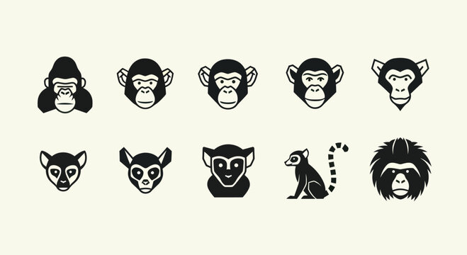 Monkey Icons Set: Gorilla, Chimpanzee, Orangutan, Lemur, Baboon