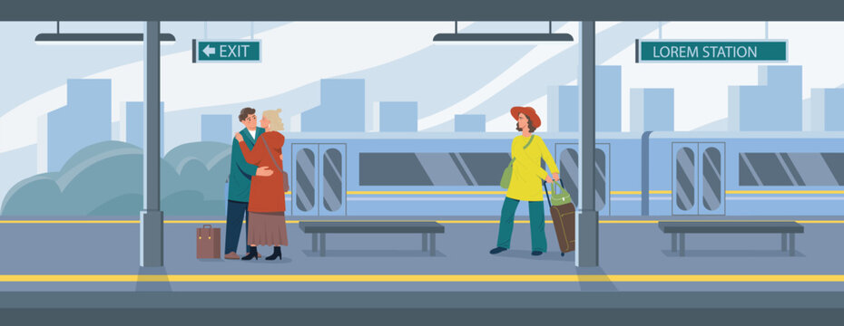 Couple at train station scene. Vector illustration
