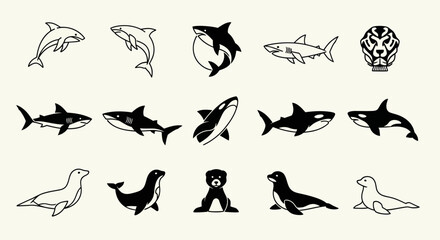 Obraz premium Ocean Animals Icon Set: Dolphins, Sharks, Orcas, Seals, and Lion Head