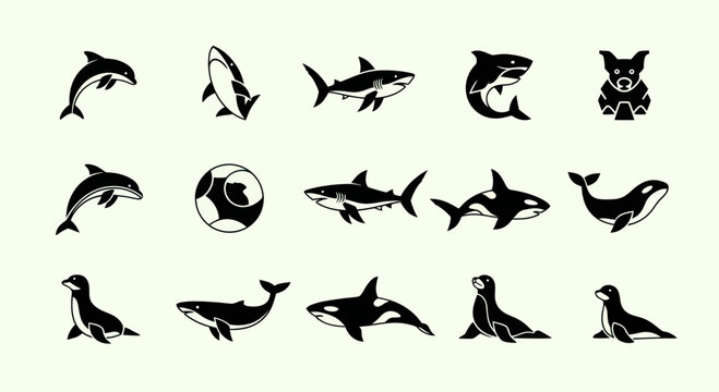 Ocean Animals Icon Set: Dolphins, Sharks, Orcas, Seals, Penguin, Ball