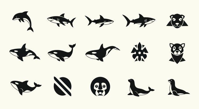 Ocean Wildlife Icons: Dolphins, Sharks, Orcas, Seals, and Animals