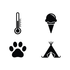 Four black icons set with thermometer, paw, ice cream, and teepee Vector © Pixel Harvest