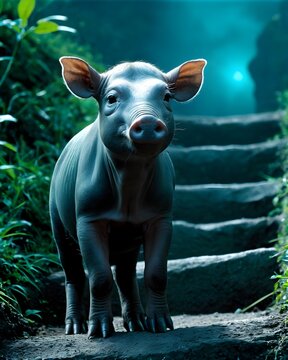 A teal babirusa piglet  pig hybrid fictional species, digitally created animal, in a cosmic stairway ridge