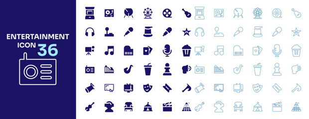 Entertainment icon set vector line and solid glyph style for web and mobile UI UX app interface design. © tanbirmiah