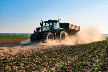 Fototapeta premium Modern Agricultural Tractor Spreading Fertilizer on Rural Farmland