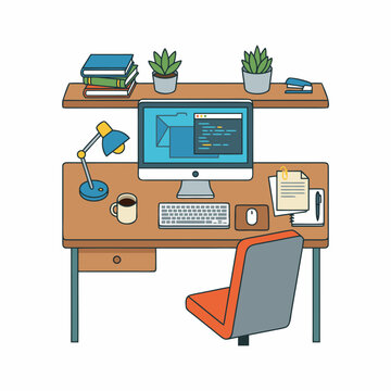 A modern workspace with a computer, books, and plants on a wooden desk