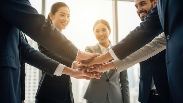 Diverse business professionals stack hands in a circle, smiling brightly in a sunlit modern office with large windows, showing unity and collaboration, Wallpaper Background image