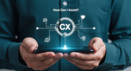 Fototapeta premium Customer Experience CX digital interface on smartphone, business person holding mobile phone with virtual service icons, help desk support concept