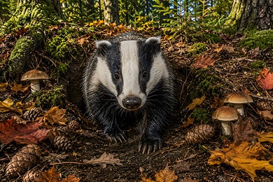 A captivating European badger peeks from its cozy burrow entrance, nestled among a vibrant carpet of autumn leaves and forest flora